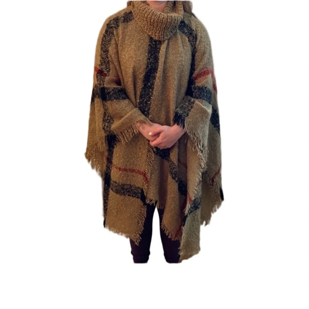 Plaid Turtleneck Poncho Sweater Fringe Hem One Size Warm Soft Cozy Tan Red